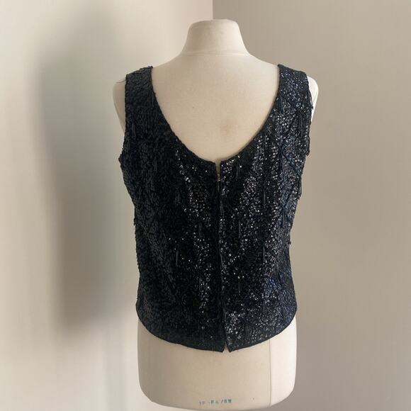 VINTAGE Sequin Tank Womens Sz Large 100% Wool Black Cocktail Holiday - Picture 6 of 7